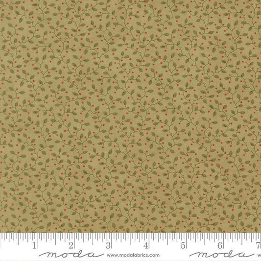 Image of Candlelight Christmas Festive Sage quilting cotton fabric by 3 Sisters for Moda Fabrics. Features leaves on a green background. Cute Little Fabric Shop.