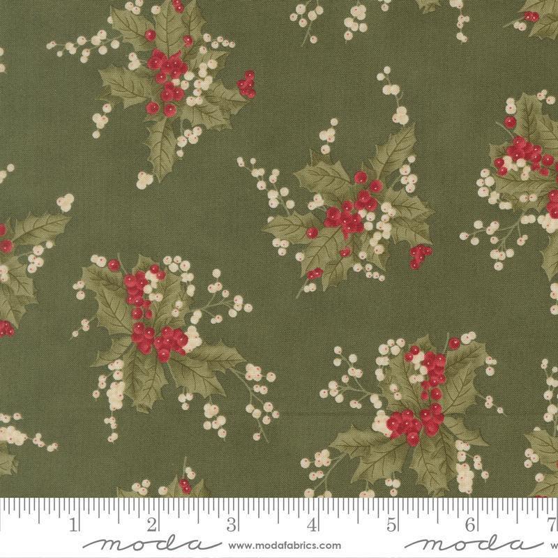 Image of Candlelight Christmas Holly Berry Holly quilting cotton fabric by 3 Sisters for Moda Fabrics. Features leaves and berries on a green background. Cute Little Fabric Shop.