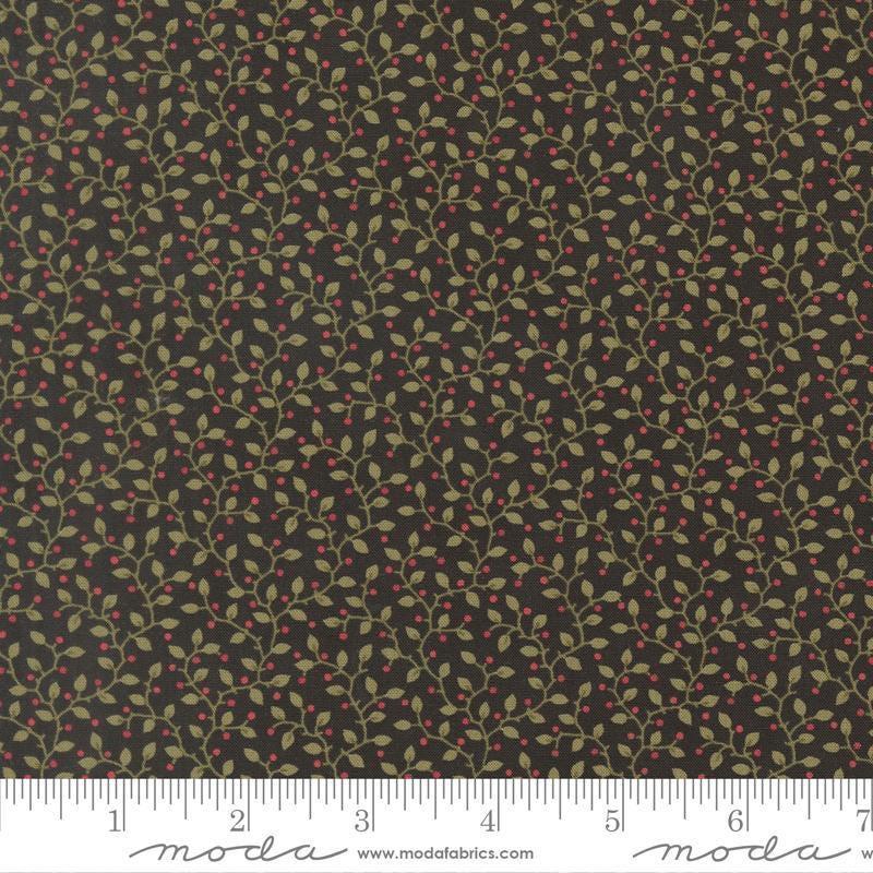 Image of Candlelight Christmas Festive Ebony quilting cotton fabric by 3 Sisters for Moda Fabrics. Features leaves on a black background. Cute Little Fabric Shop.