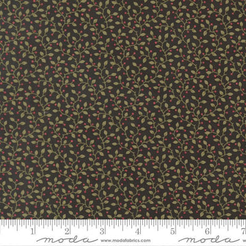 Image of Candlelight Christmas Festive Ebony quilting cotton fabric by 3 Sisters for Moda Fabrics. Features leaves on a black background. Cute Little Fabric Shop.
