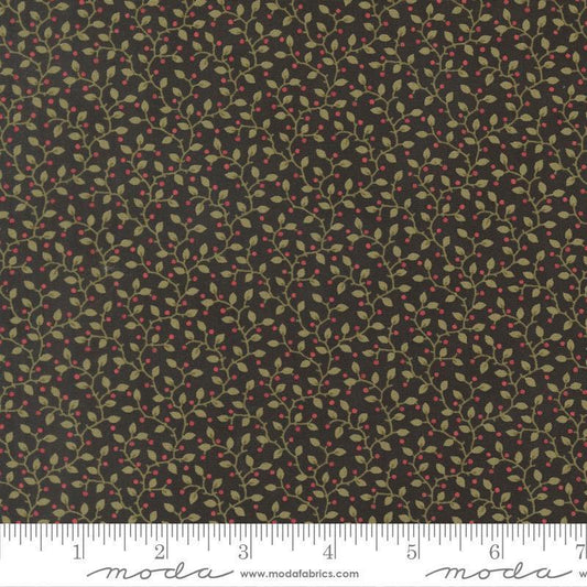 Image of Candlelight Christmas Festive Ebony quilting cotton fabric by 3 Sisters for Moda Fabrics. Features leaves on a black background. Cute Little Fabric Shop.