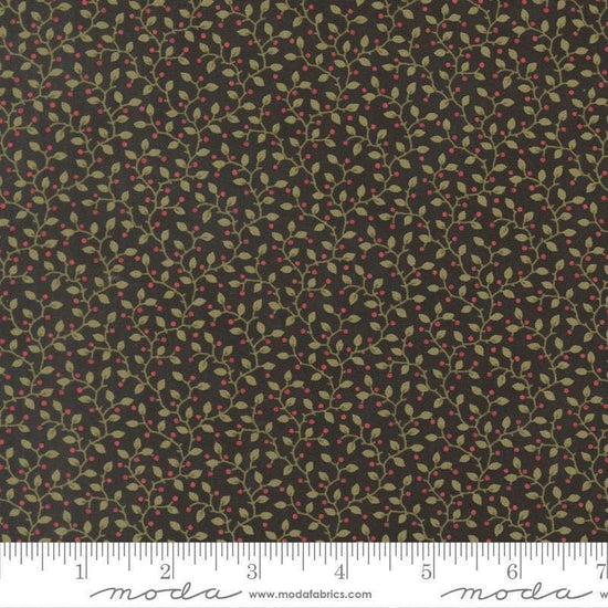Image of Candlelight Christmas Festive Ebony quilting cotton fabric by 3 Sisters for Moda Fabrics. Features leaves on a black background. Cute Little Fabric Shop.