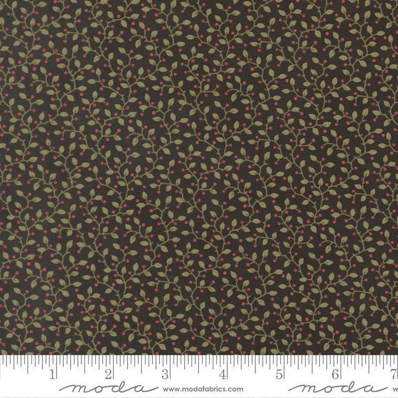 Image of Candlelight Christmas Festive Ebony quilting cotton fabric by 3 Sisters for Moda Fabrics. Features leaves on a black background. Cute Little Fabric Shop.
