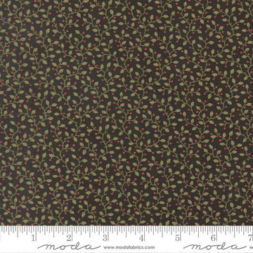 Image of Candlelight Christmas Festive Ebony quilting cotton fabric by 3 Sisters for Moda Fabrics. Features leaves on a black background. Cute Little Fabric Shop.