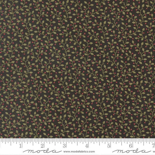 Image of Candlelight Christmas Festive Ebony quilting cotton fabric by 3 Sisters for Moda Fabrics. Features leaves on a black background. Cute Little Fabric Shop.