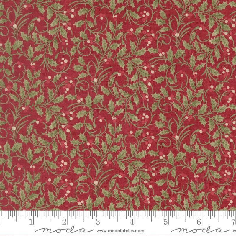 Image of Candlelight Christmas Scroll Crimson quilting cotton fabric by 3 Sisters for Moda Fabrics. Features leaves on a red background. Cute Little Fabric Shop.