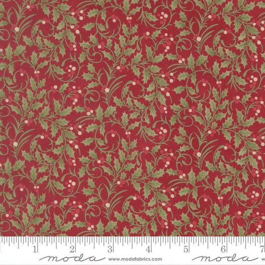 Image of Candlelight Christmas Scroll Crimson quilting cotton fabric by 3 Sisters for Moda Fabrics. Features leaves on a red background. Cute Little Fabric Shop.
