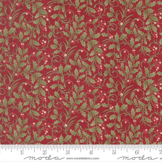 Image of Candlelight Christmas Scroll Crimson quilting cotton fabric by 3 Sisters for Moda Fabrics. Features leaves on a red background. Cute Little Fabric Shop.