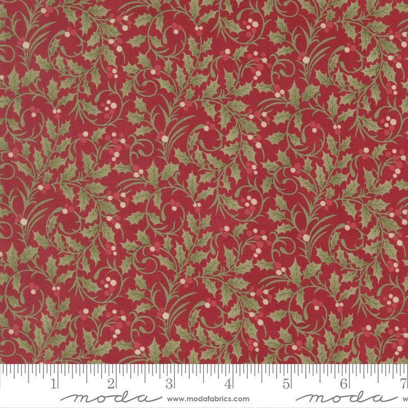 Image of Candlelight Christmas Scroll Crimson quilting cotton fabric by 3 Sisters for Moda Fabrics. Features leaves on a red background. Cute Little Fabric Shop.