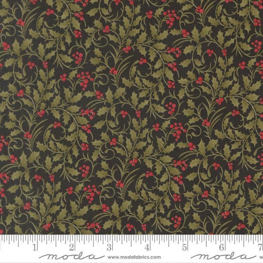 Image of Candlelight Christmas Scroll Ebony quilting cotton fabric by 3 Sisters for Moda Fabrics. Features leaves on a black background. Cute Little Fabric Shop.