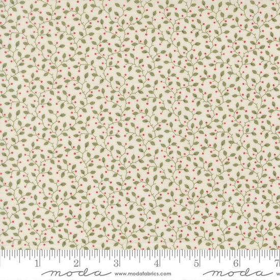 Image of Candlelight Christmas Festive Cream quilting cotton fabric by 3 Sisters for Moda Fabrics. Features leaves on a cream background. Cute Little Fabric Shop.