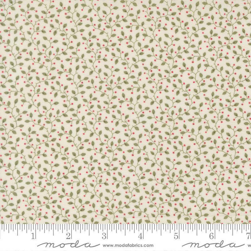 Image of Candlelight Christmas Festive Cream quilting cotton fabric by 3 Sisters for Moda Fabrics. Features leaves on a cream background. Cute Little Fabric Shop.
