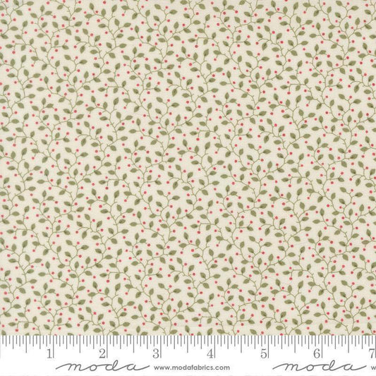Image of Candlelight Christmas Festive Cream quilting cotton fabric by 3 Sisters for Moda Fabrics. Features leaves on a cream background. Cute Little Fabric Shop.