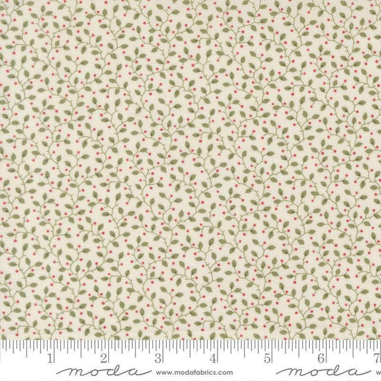 Image of Candlelight Christmas Festive Cream quilting cotton fabric by 3 Sisters for Moda Fabrics. Features leaves on a cream background. Cute Little Fabric Shop.