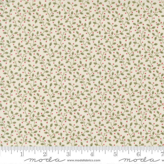 Image of Candlelight Christmas Festive Cream quilting cotton fabric by 3 Sisters for Moda Fabrics. Features leaves on a cream background. Cute Little Fabric Shop.