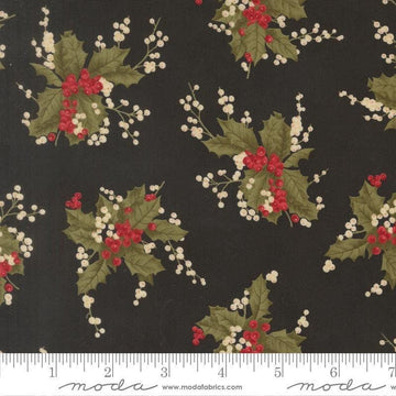Image of Candlelight Christmas Holly Berry Ebony quilting cotton fabric by 3 Sisters for Moda Fabrics. Features leaves and berries on a black background. Cute Little Fabric Shop.