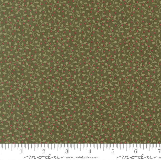 Image of Candlelight Christmas Festive Holly quilting cotton fabric by 3 Sisters for Moda Fabrics. Features leaves on a green background. Cute Little Fabric Shop.
