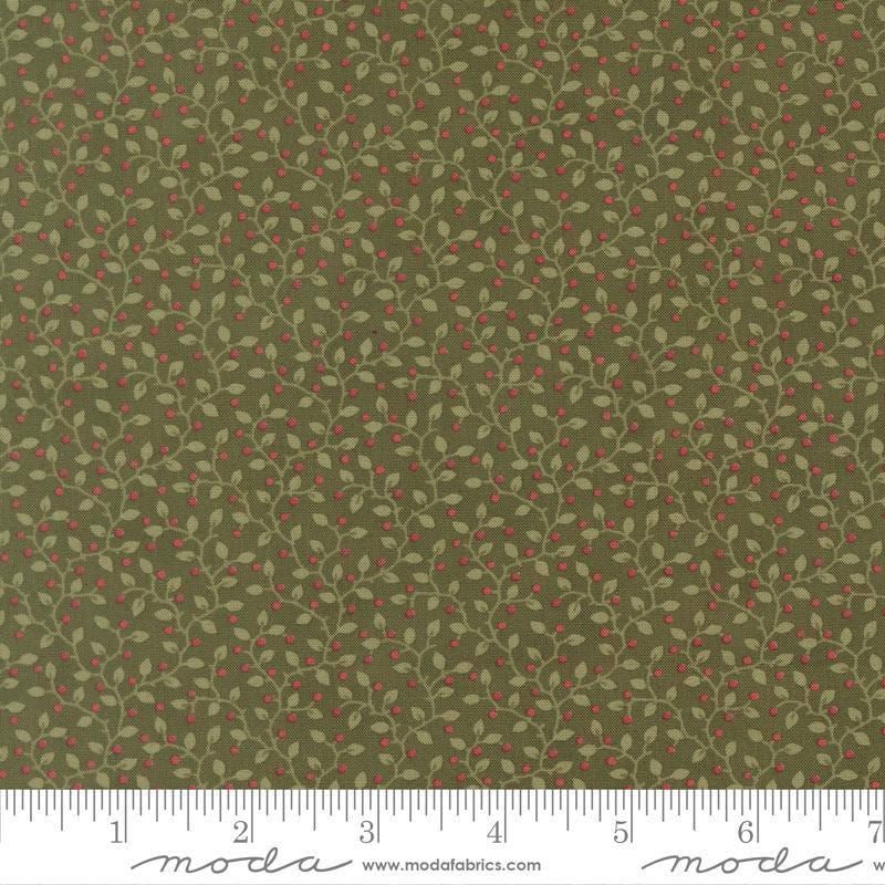 Image of Candlelight Christmas Festive Holly quilting cotton fabric by 3 Sisters for Moda Fabrics. Features leaves on a green background. Cute Little Fabric Shop.