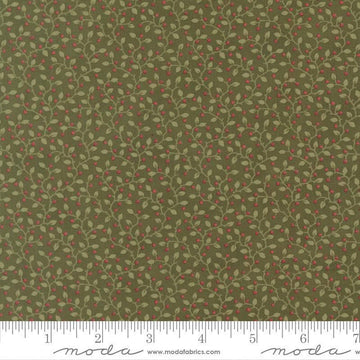 Image of Candlelight Christmas Festive Holly quilting cotton fabric by 3 Sisters for Moda Fabrics. Features leaves on a green background. Cute Little Fabric Shop.