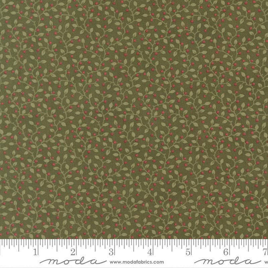 Image of Candlelight Christmas Festive Holly quilting cotton fabric by 3 Sisters for Moda Fabrics. Features leaves on a green background. Cute Little Fabric Shop.