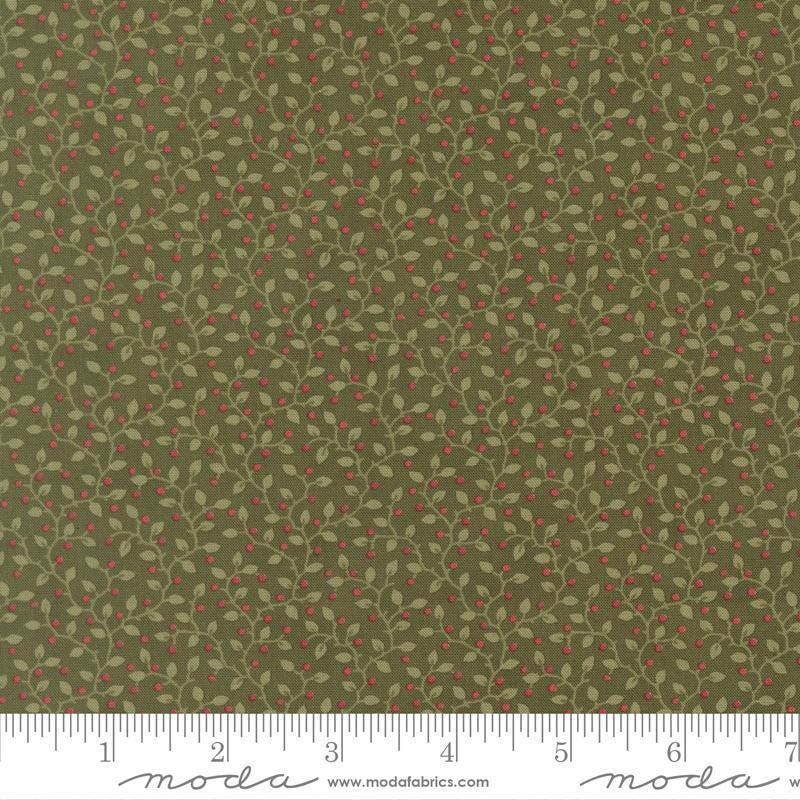 Image of Candlelight Christmas Festive Holly quilting cotton fabric by 3 Sisters for Moda Fabrics. Features leaves on a green background. Cute Little Fabric Shop.