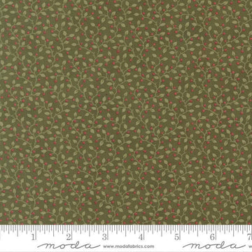 Image of Candlelight Christmas Festive Holly quilting cotton fabric by 3 Sisters for Moda Fabrics. Features leaves on a green background. Cute Little Fabric Shop.