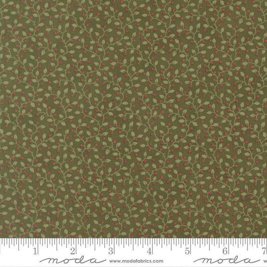 Image of Candlelight Christmas Festive Holly quilting cotton fabric by 3 Sisters for Moda Fabrics. Features leaves on a green background. Cute Little Fabric Shop.
