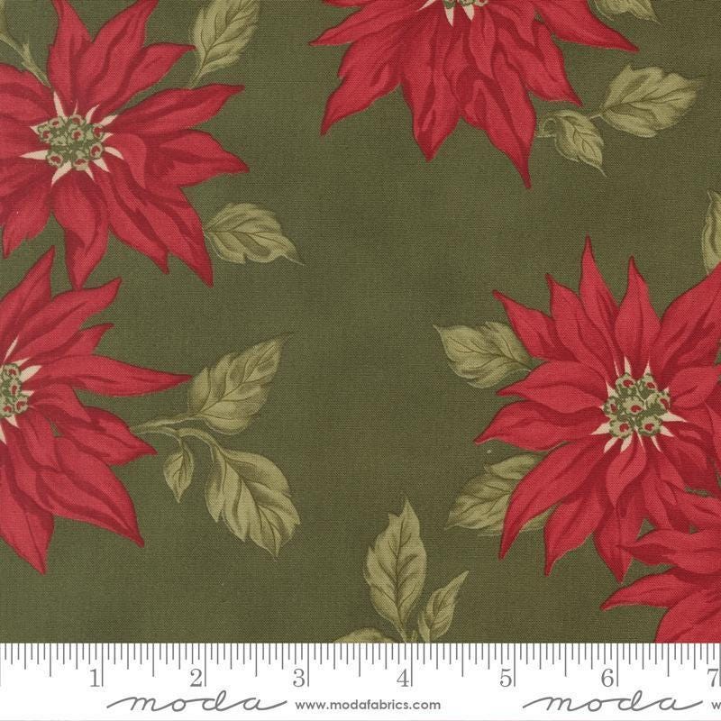 Image of Candlelight Christmas Poinsettia Holly quilting cotton fabric by 3 Sisters for Moda Fabrics. Features flowers on a green background. Cute Little Fabric Shop.