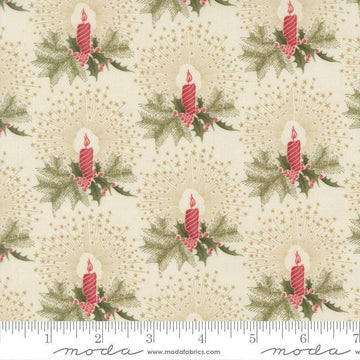 Image of Candlelight Christmas Candlelight Cream quilting cotton fabric by 3 Sisters for Moda Fabrics. Features candles and leaves on a cream background. Cute Little Fabric Shop.