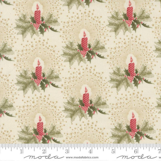 Image of Candlelight Christmas Candlelight Cream quilting cotton fabric by 3 Sisters for Moda Fabrics. Features candles and leaves on a cream background. Cute Little Fabric Shop.