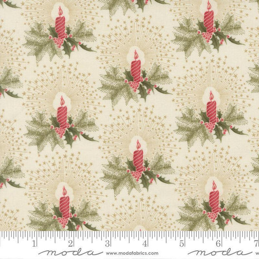 Image of Candlelight Christmas Candlelight Cream quilting cotton fabric by 3 Sisters for Moda Fabrics. Features candles and leaves on a cream background. Cute Little Fabric Shop.