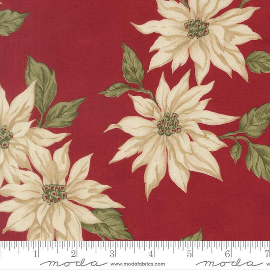Image of Candlelight Christmas Poinsettia Crimson quilting cotton fabric by 3 Sisters for Moda Fabrics. Features flowers on a red background. Cute Little Fabric Shop.