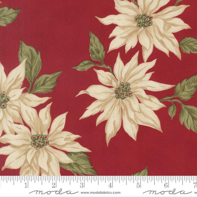 Image of Candlelight Christmas Poinsettia Crimson quilting cotton fabric by 3 Sisters for Moda Fabrics. Features flowers on a red background. Cute Little Fabric Shop.