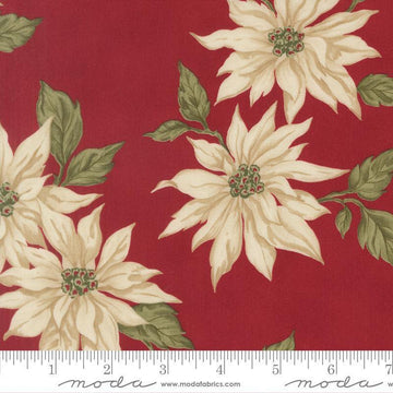 Image of Candlelight Christmas Poinsettia Crimson quilting cotton fabric by 3 Sisters for Moda Fabrics. Features flowers on a red background. Cute Little Fabric Shop.