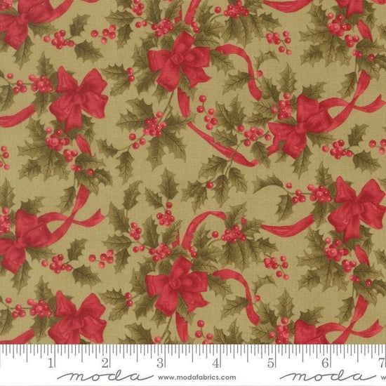 Image of Candlelight Christmas Christmas Bows Sage quilting cotton fabric by 3 Sisters for Moda Fabrics. Features leaves on a green background. Cute Little Fabric Shop.