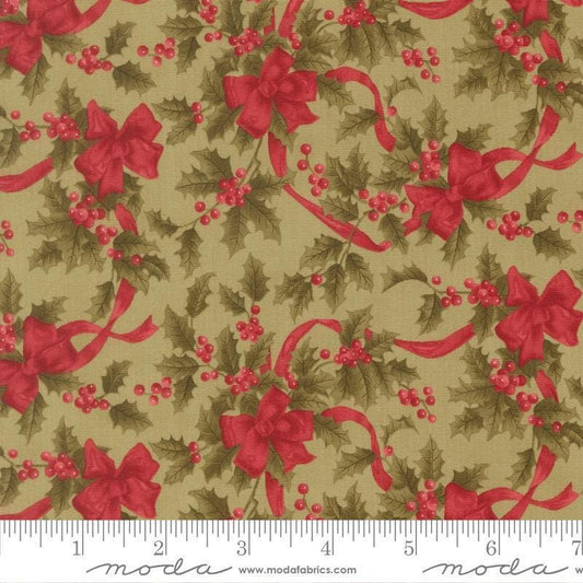 Image of Candlelight Christmas Christmas Bows Sage quilting cotton fabric by 3 Sisters for Moda Fabrics. Features leaves on a green background. Cute Little Fabric Shop.