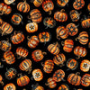 Image of Jeepers Creepers Decorative Pumpkin Toss Black quilting cotton fabric by Morris Creative Group for QT Fabrics. Features pumpkins on a black background. Cute Little Fabric Shop.