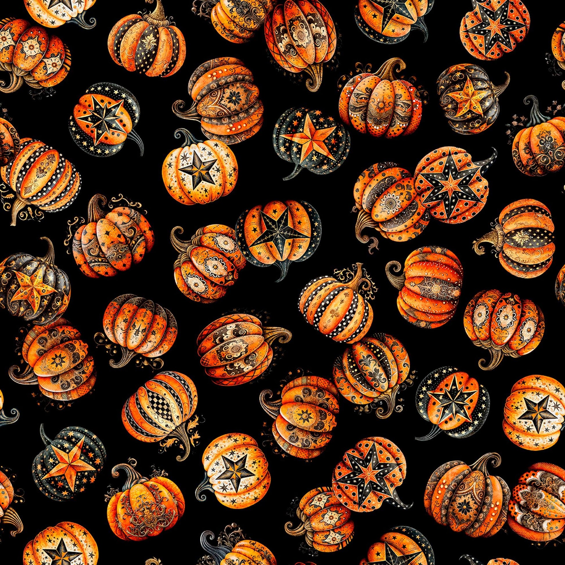 Image of Jeepers Creepers Decorative Pumpkin Toss Black quilting cotton fabric by Morris Creative Group for QT Fabrics. Features pumpkins on a black background. Cute Little Fabric Shop.