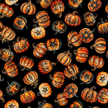 Image of Jeepers Creepers Decorative Pumpkin Toss Black quilting cotton fabric by Morris Creative Group for QT Fabrics. Features pumpkins on a black background. Cute Little Fabric Shop.