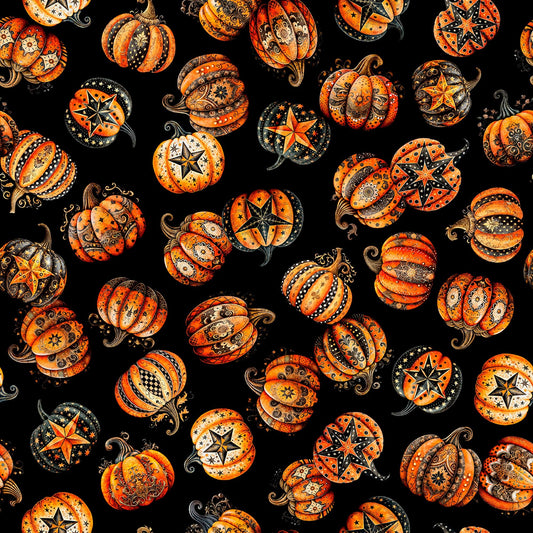 Image of Jeepers Creepers Decorative Pumpkin Toss Black quilting cotton fabric by Morris Creative Group for QT Fabrics. Features pumpkins on a black background. Cute Little Fabric Shop.