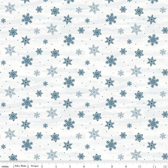 Image of Covered Bridges in Winter Snowflakes Snow quilting cotton fabric by Tara Reed for Riley Blake Designs. Features snowflakes on a white background. Cute Little Fabric Shop.