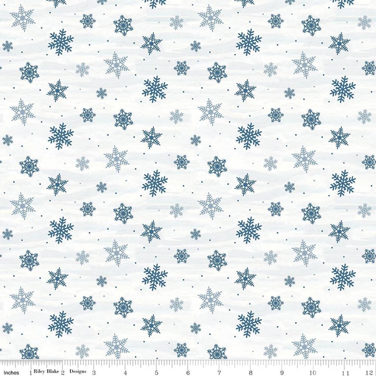 Image of Covered Bridges in Winter Snowflakes Snow quilting cotton fabric by Tara Reed for Riley Blake Designs. Features snowflakes on a white background. Cute Little Fabric Shop.
