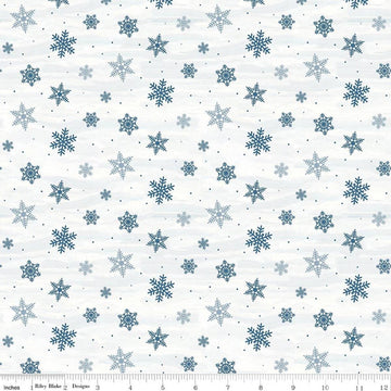 Image of Covered Bridges in Winter Snowflakes Snow quilting cotton fabric by Tara Reed for Riley Blake Designs. Features snowflakes on a white background. Cute Little Fabric Shop.