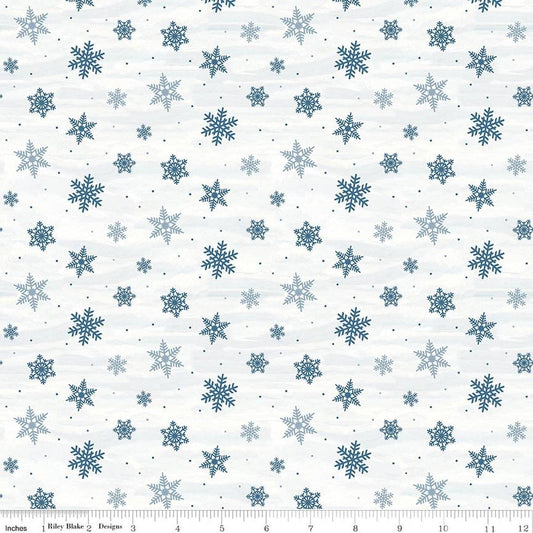 Image of Covered Bridges in Winter Snowflakes Snow quilting cotton fabric by Tara Reed for Riley Blake Designs. Features snowflakes on a white background. Cute Little Fabric Shop.