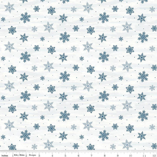 Image of Covered Bridges in Winter Snowflakes Snow quilting cotton fabric by Tara Reed for Riley Blake Designs. Features snowflakes on a white background. Cute Little Fabric Shop.