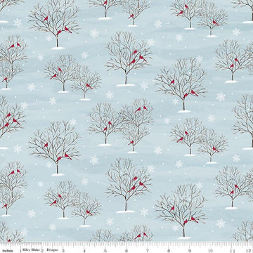 Image of Covered Bridges in Winter Trees Iceberg quilting cotton fabric by Tara Reed for Riley Blake Designs. Features trees on a blue background. Cute Little Fabric Shop.