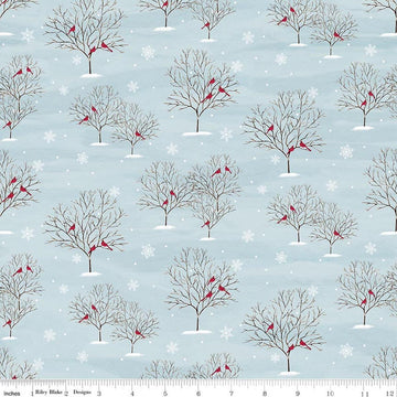 Image of Covered Bridges in Winter Trees Iceberg quilting cotton fabric by Tara Reed for Riley Blake Designs. Features trees on a blue background. Cute Little Fabric Shop.