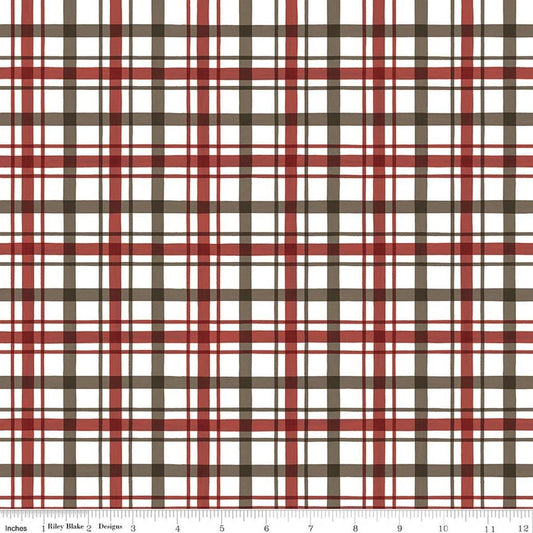 Image of Covered Bridges in Winter Plaid Barn Red quilting cotton fabric by Tara Reed for Riley Blake Designs. Features plaid on a white and red background. Cute Little Fabric Shop.