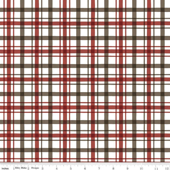 Image of Covered Bridges in Winter Plaid Barn Red quilting cotton fabric by Tara Reed for Riley Blake Designs. Features plaid on a white and red background. Cute Little Fabric Shop.