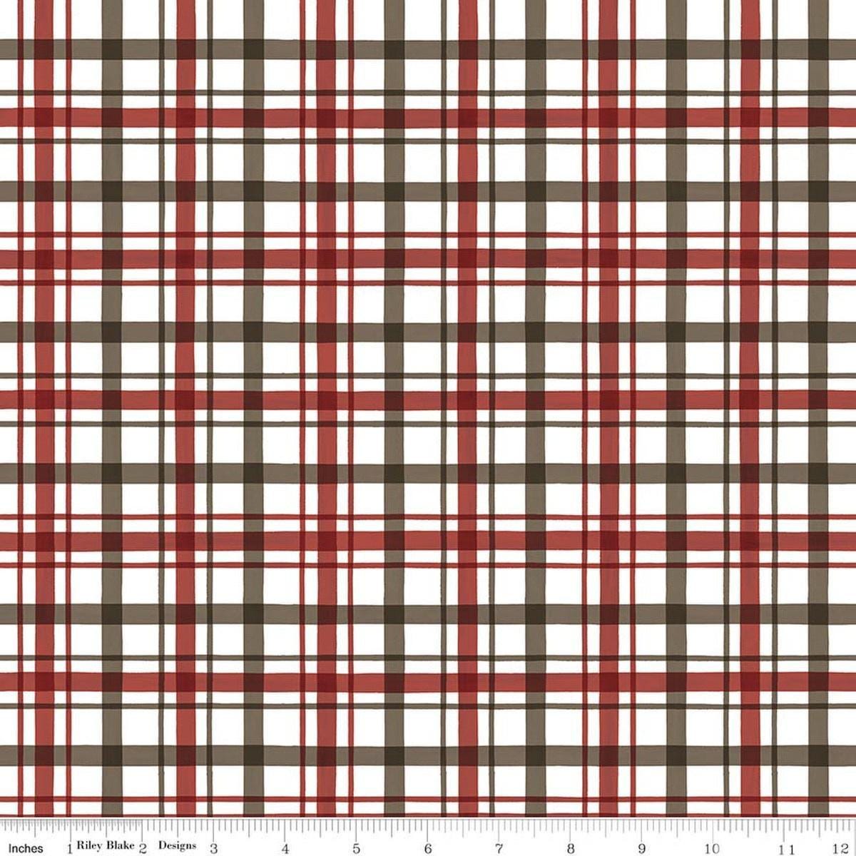 Image of Covered Bridges in Winter Plaid Barn Red quilting cotton fabric by Tara Reed for Riley Blake Designs. Features plaid on a white and red background. Cute Little Fabric Shop.